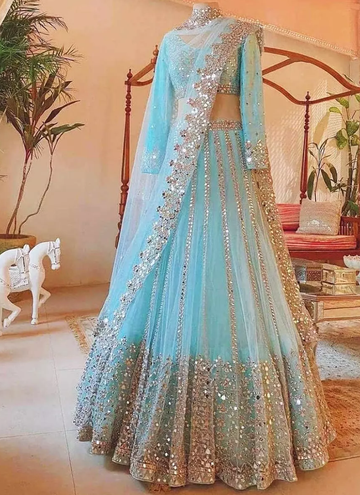Sky Blue Foil Mirror Work Net Party Wear Lehenga Choli